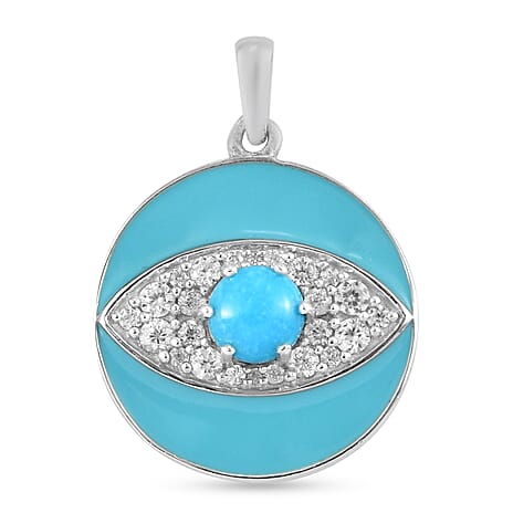 Arizona Sleeping Beauty Turquoise and Natural Cambodian Zircon Enamelled Pendant in Platinum Overlay Sterling Silver 1.67 Ct.