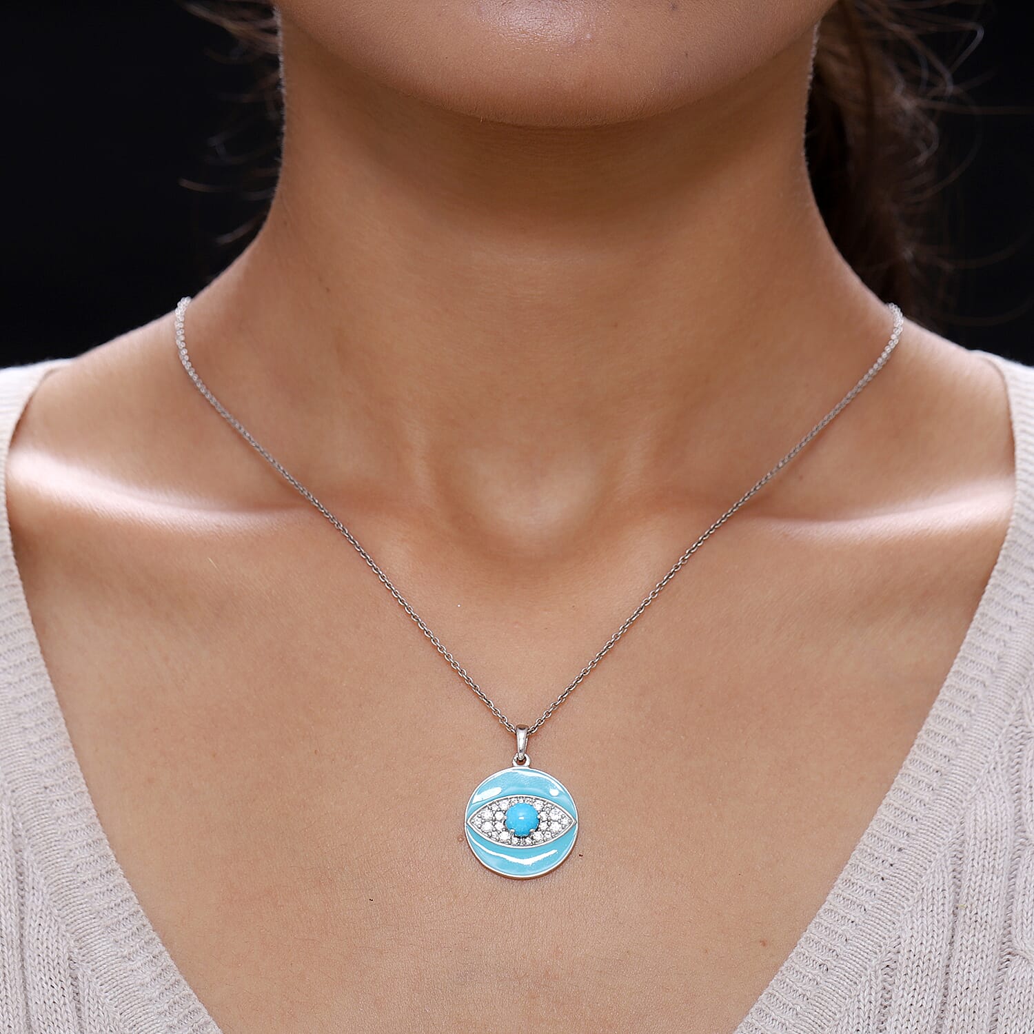 Arizona Sleeping Beauty Turquoise and Natural Cambodian Zircon Enamelled Pendant in Platinum Overlay Sterling Silver 1.67 Ct.