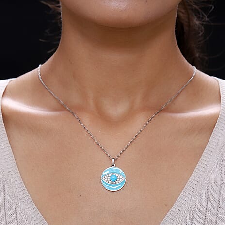 Arizona Sleeping Beauty Turquoise and Natural Cambodian Zircon Enamelled Pendant in Platinum Overlay Sterling Silver 1.67 Ct.