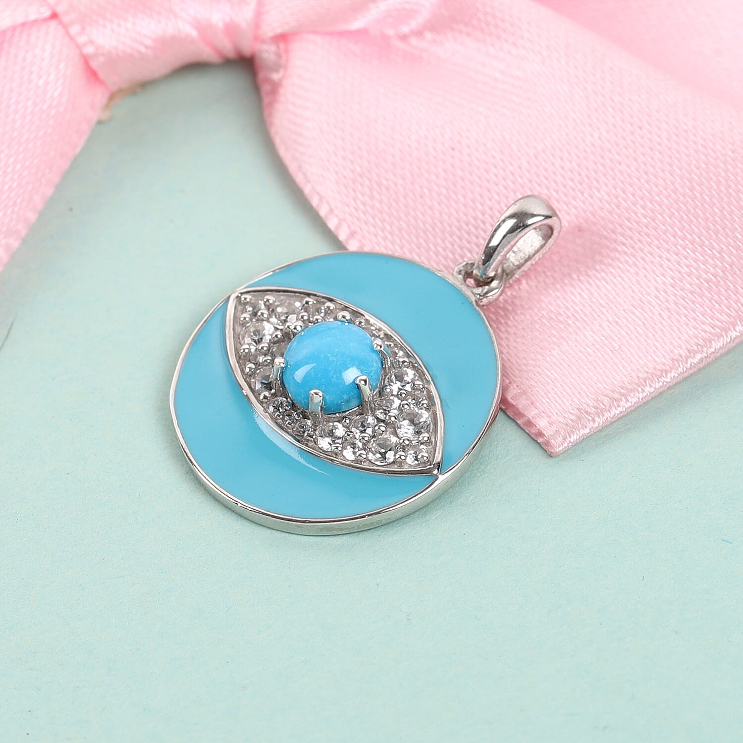 Arizona Sleeping Beauty Turquoise and Natural Cambodian Zircon Enamelled Pendant in Platinum Overlay Sterling Silver 1.67 Ct.