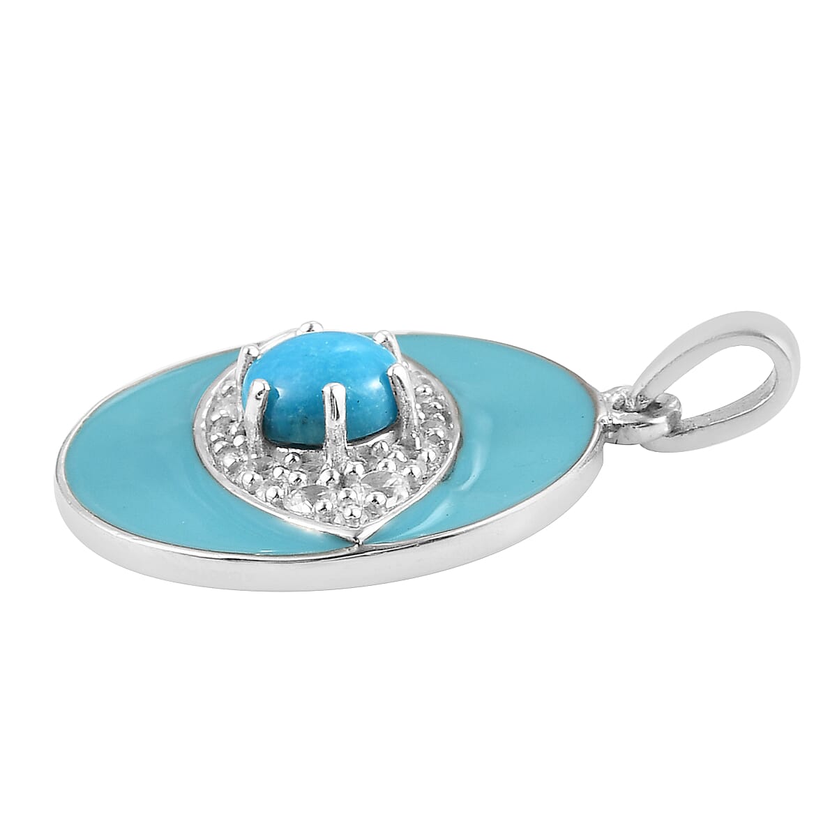 Arizona Sleeping Beauty Turquoise and Natural Cambodian Zircon Enamelled Pendant in Platinum Overlay Sterling Silver 1.67 Ct.