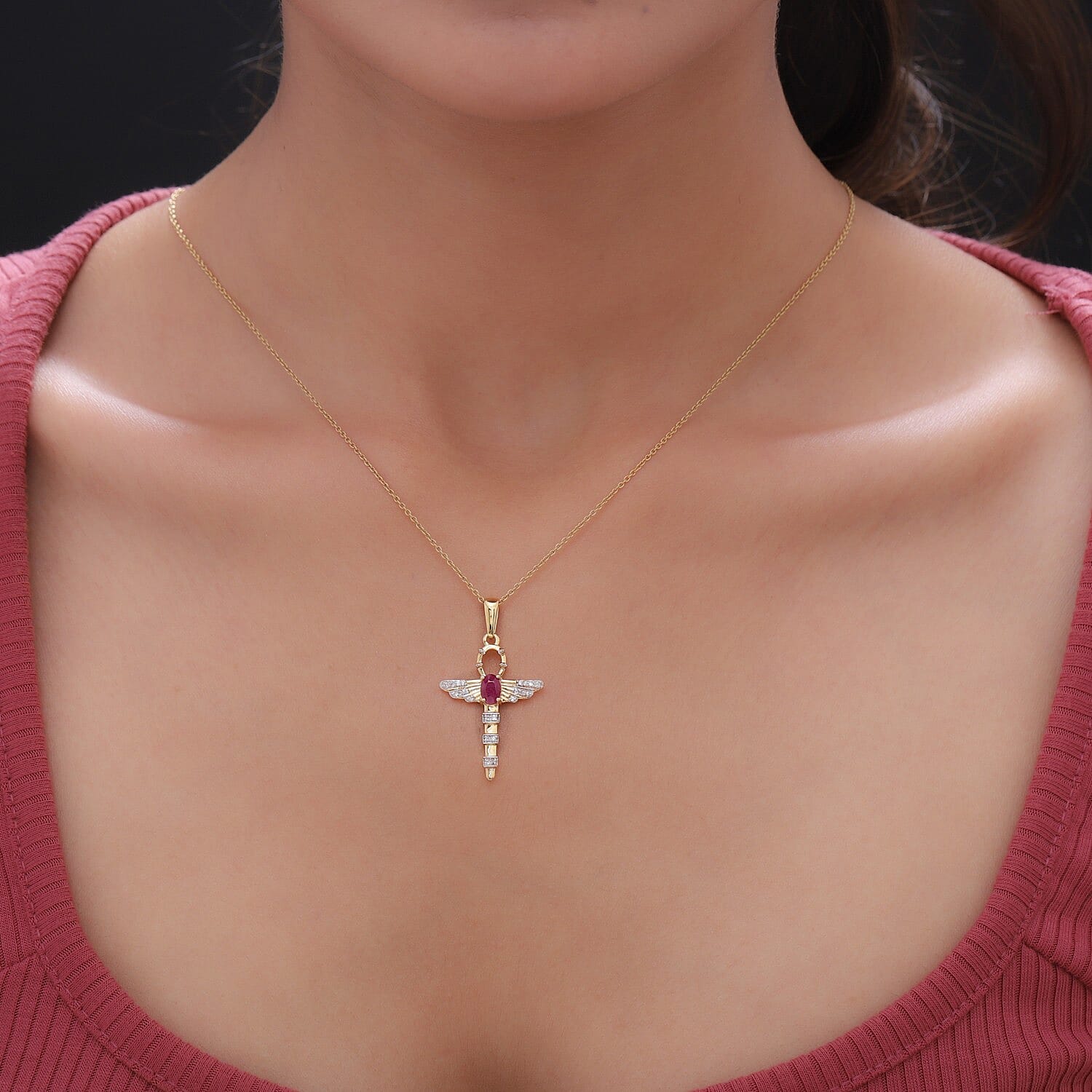Ruby and Natural Cambodian Zircon Wings Pendant in 14K Gold Overlay Sterling Silver