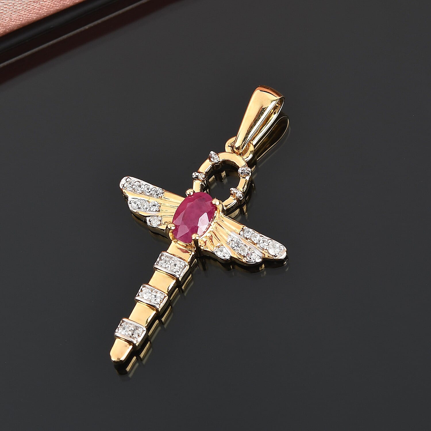 Ruby and Natural Cambodian Zircon Wings Pendant in 14K Gold Overlay Sterling Silver