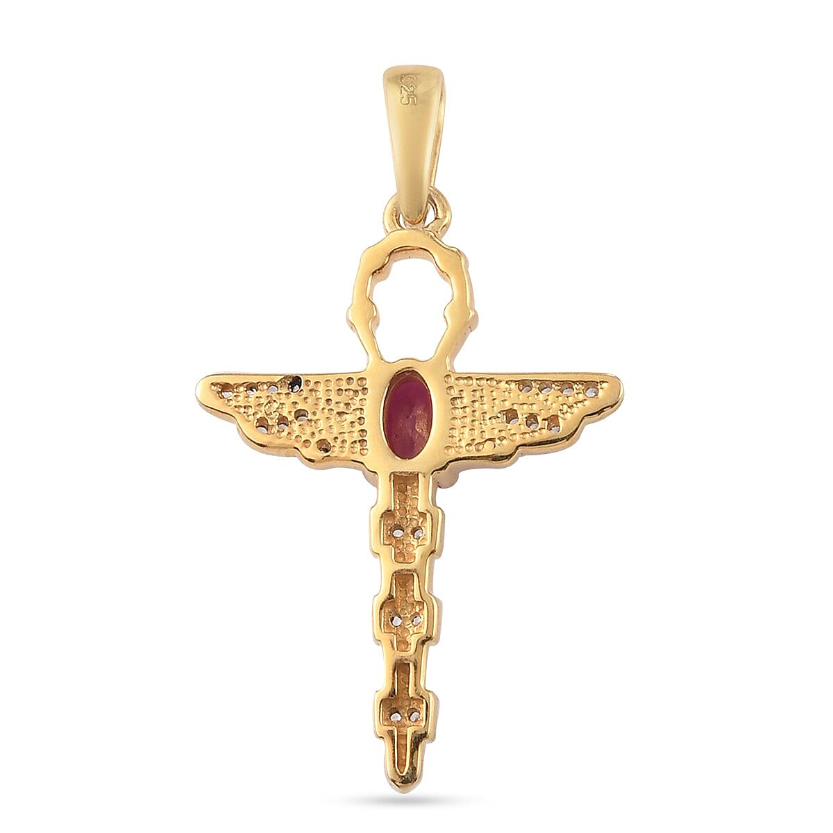 Ruby and Natural Cambodian Zircon Wings Pendant in 14K Gold Overlay Sterling Silver