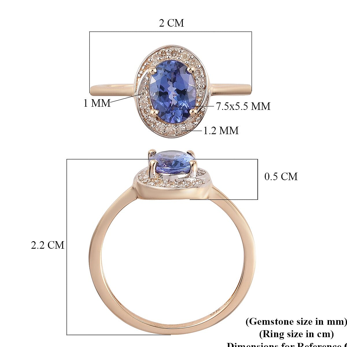 9K Yellow Gold AA Tanzanite and Diamond Ring 1.16 Ct.