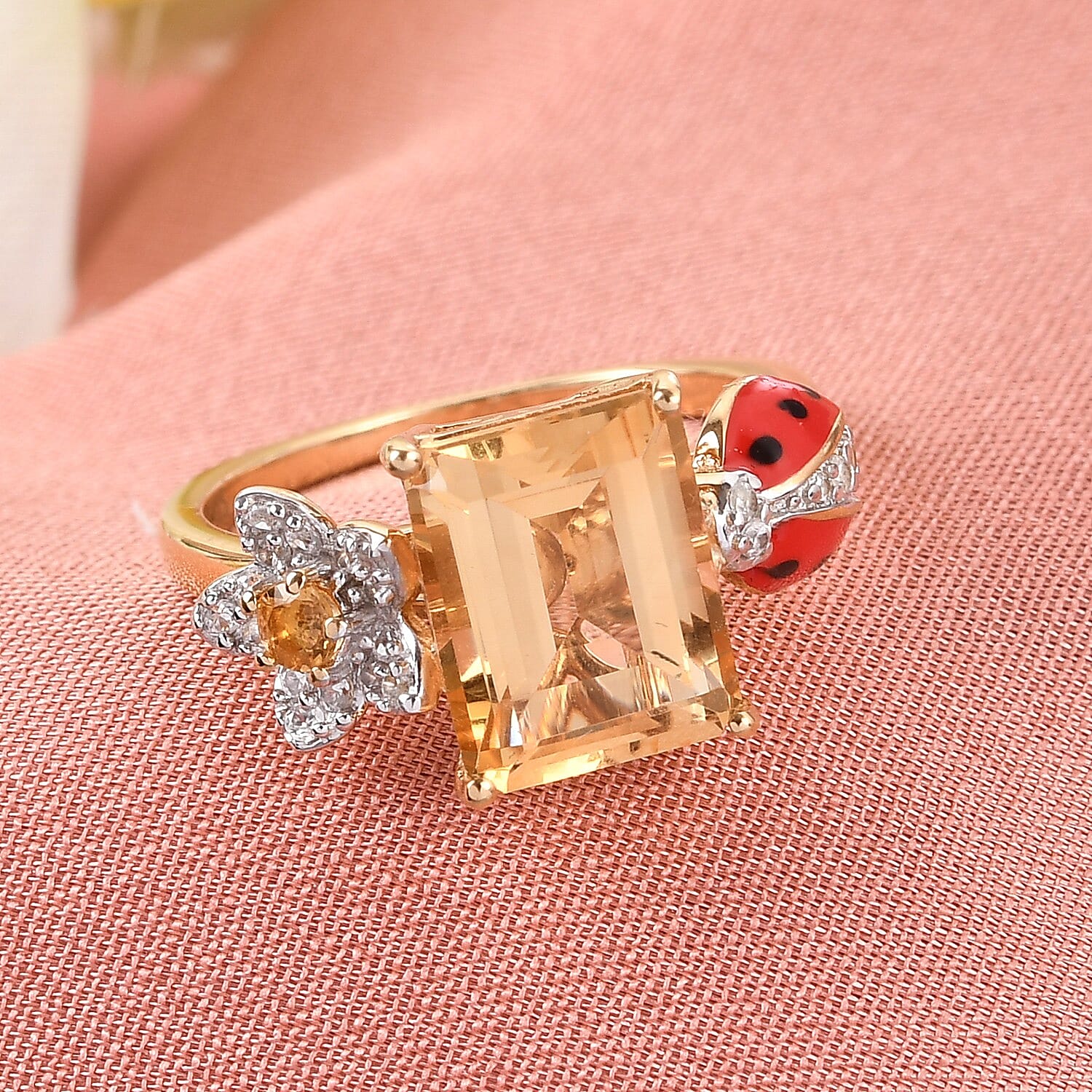 GP Italian garden Leaf & Flower Collection - Citrine, Natural Cambodian Zircon and Multi Gemstone Enamelled Ring in 14K Gold Overlay Sterling Silver 3.48 Ct.