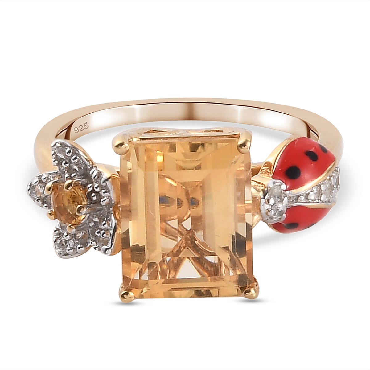 GP Italian garden Leaf & Flower Collection - Citrine, Natural Cambodian Zircon and Multi Gemstone Enamelled Ring in 14K Gold Overlay Sterling Silver 3.48 Ct.