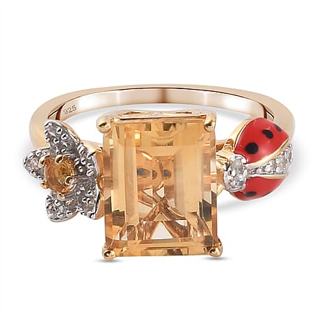 GP Italian garden Leaf & Flower Collection - Citrine, Natural Cambodian Zircon and Multi Gemstone Enamelled Ring in 14K Gold Overlay Sterling Silver 3.48 Ct.