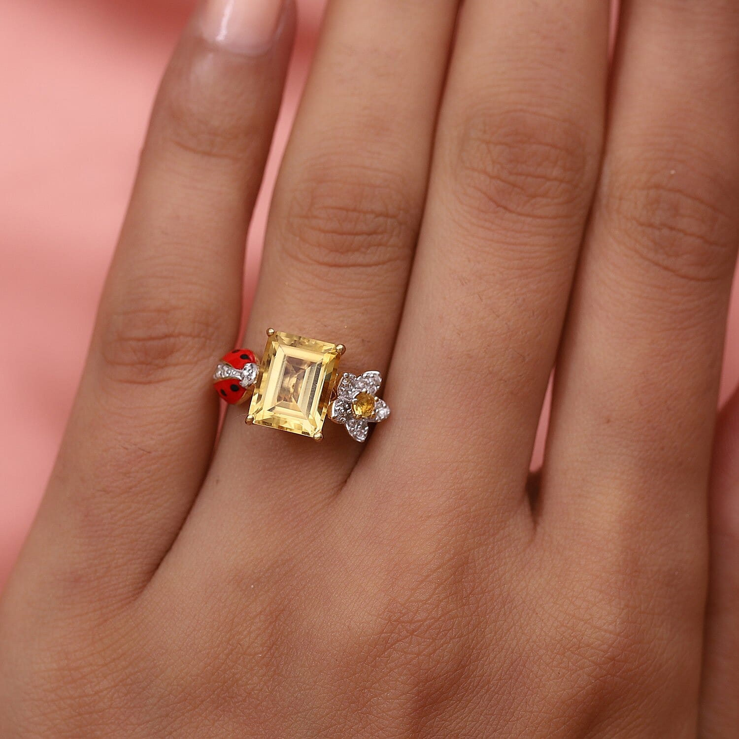 GP Italian garden Leaf & Flower Collection - Citrine, Natural Cambodian Zircon and Multi Gemstone Enamelled Ring in 14K Gold Overlay Sterling Silver 3.48 Ct.