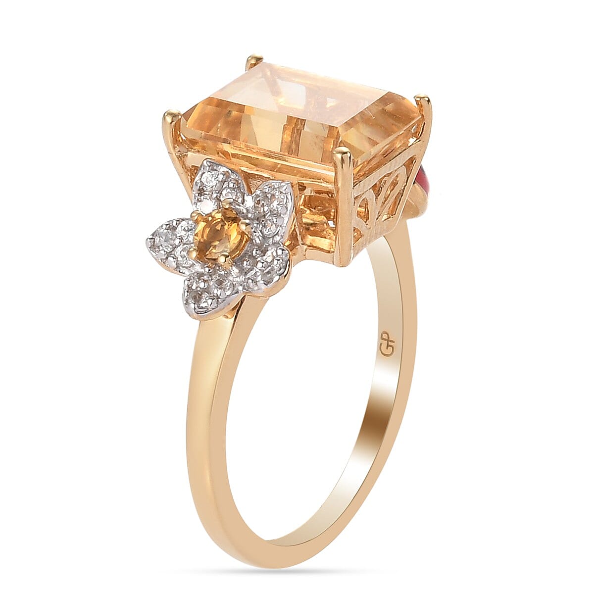 GP Italian garden Leaf & Flower Collection - Citrine, Natural Cambodian Zircon and Multi Gemstone Enamelled Ring in 14K Gold Overlay Sterling Silver 3.48 Ct.