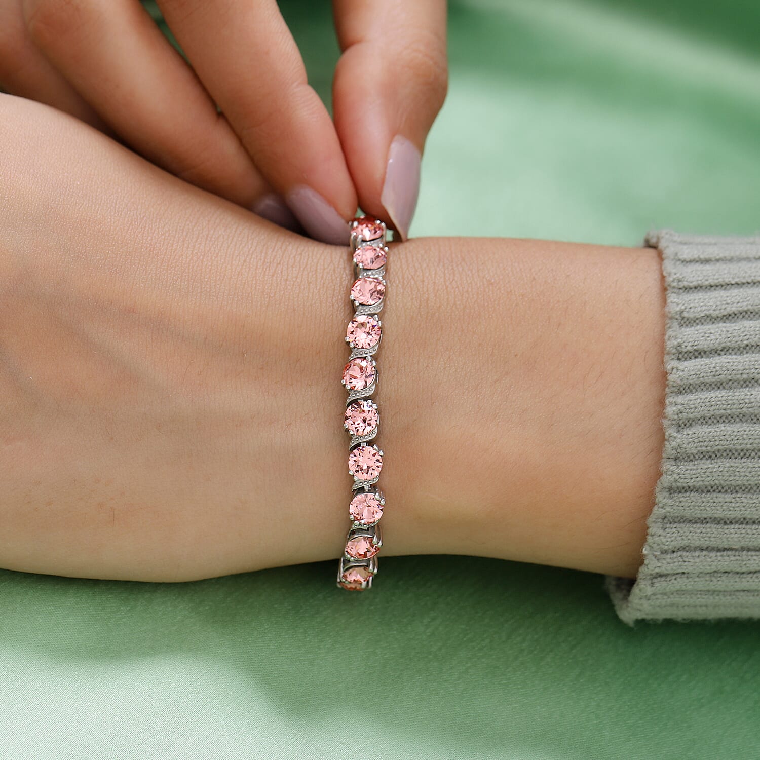 Lustro Stella Rose Peach Crystal Bracelet (Size 7.5) in Silver Tone