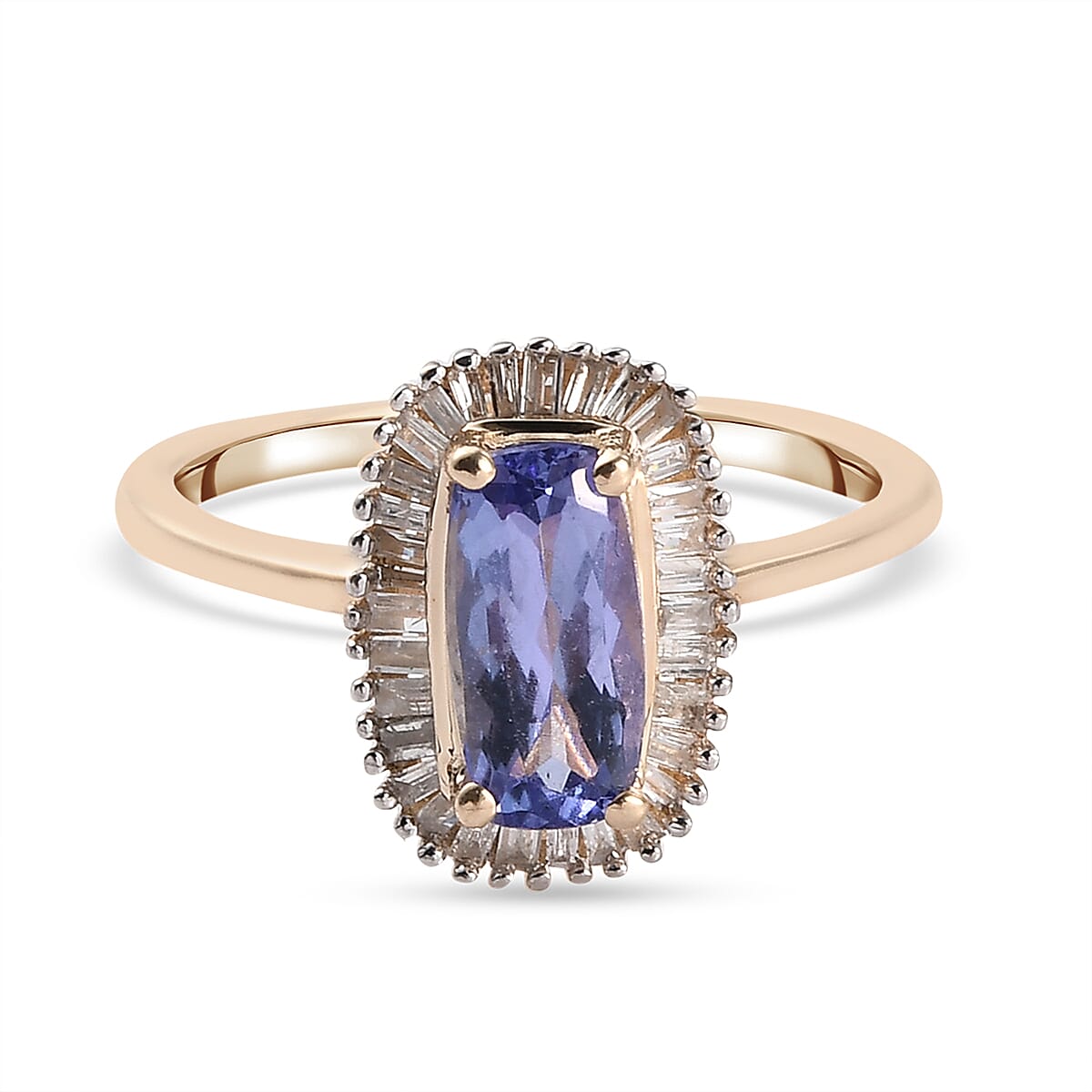 9K Yellow Gold Tanzanite and Diamond Halo Ring 1.29 Ct.
