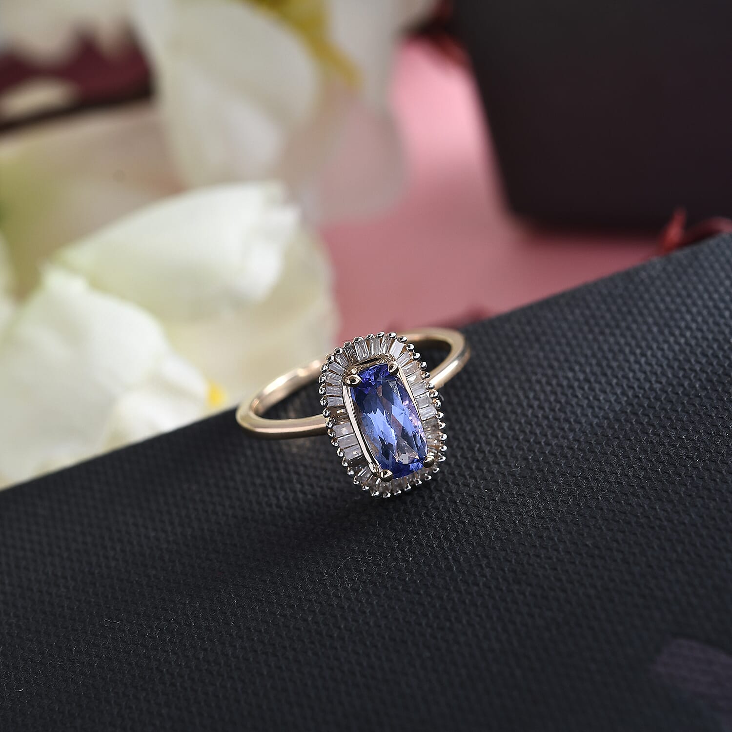 9K Yellow Gold Tanzanite and Diamond Halo Ring 1.29 Ct.