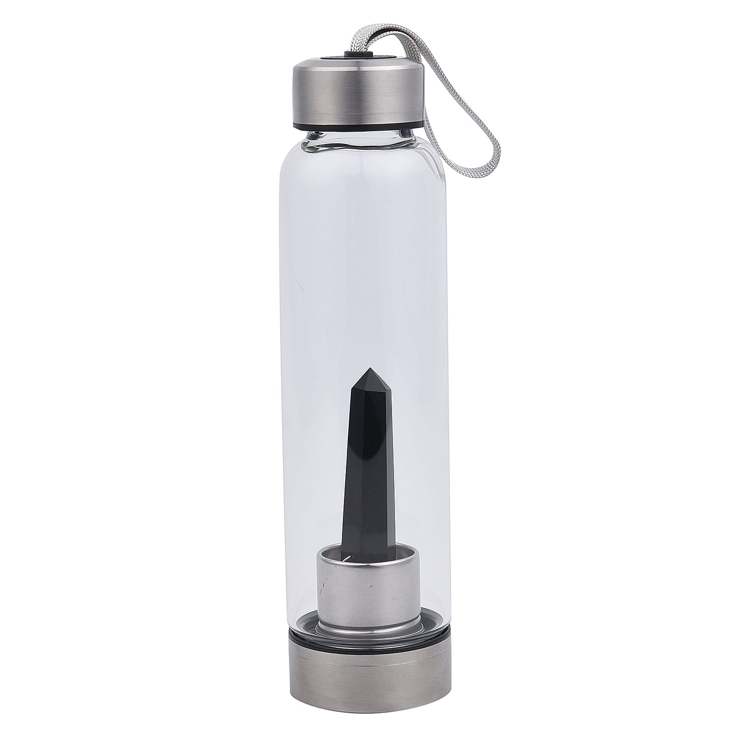 Black Crystal Elixir Glass Water Bottle with Stainless Steel Cap (Size 25x6 Cm) with Travel Case