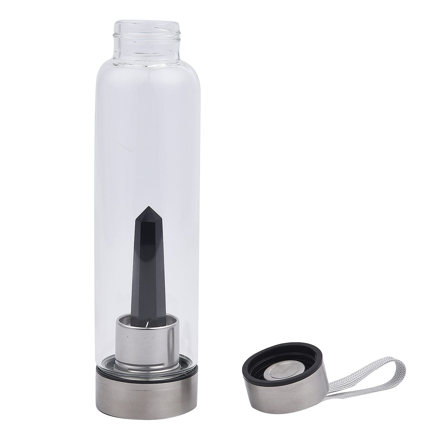 Black Crystal Elixir Glass Water Bottle with Stainless Steel Cap (Size 25x6 Cm) with Travel Case