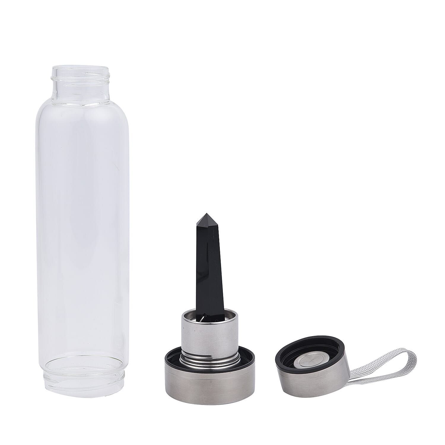 Black Crystal Elixir Glass Water Bottle with Stainless Steel Cap (Size 25x6 Cm) with Travel Case