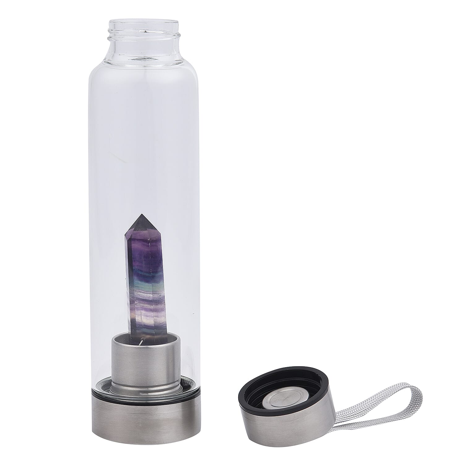 Rainbow Crystal Elixir Glass Water Bottle with Stainless Steel Cap (Size 25x6 Cm) with Travel Case