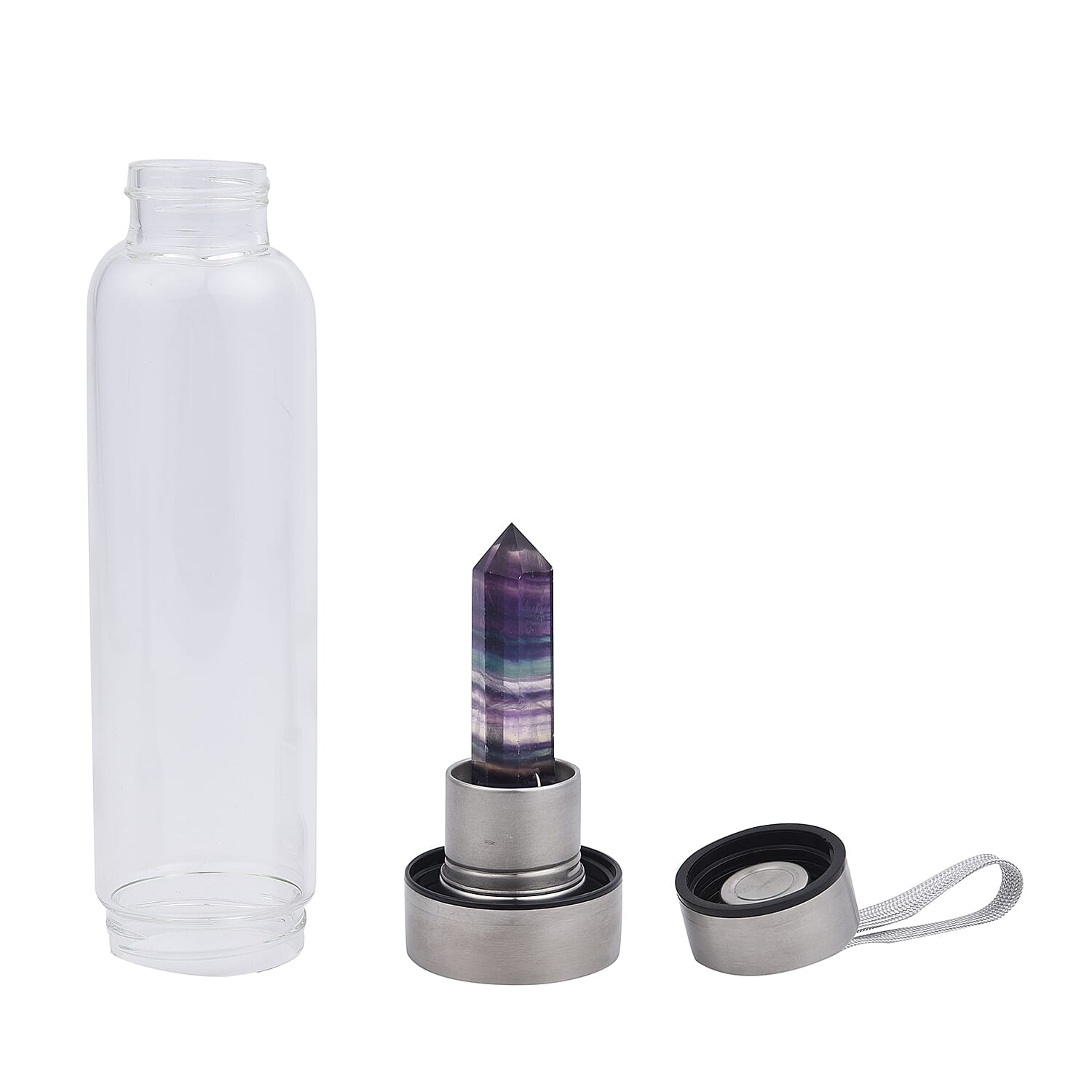 Rainbow Crystal Elixir Glass Water Bottle with Stainless Steel Cap (Size 25x6 Cm) with Travel Case