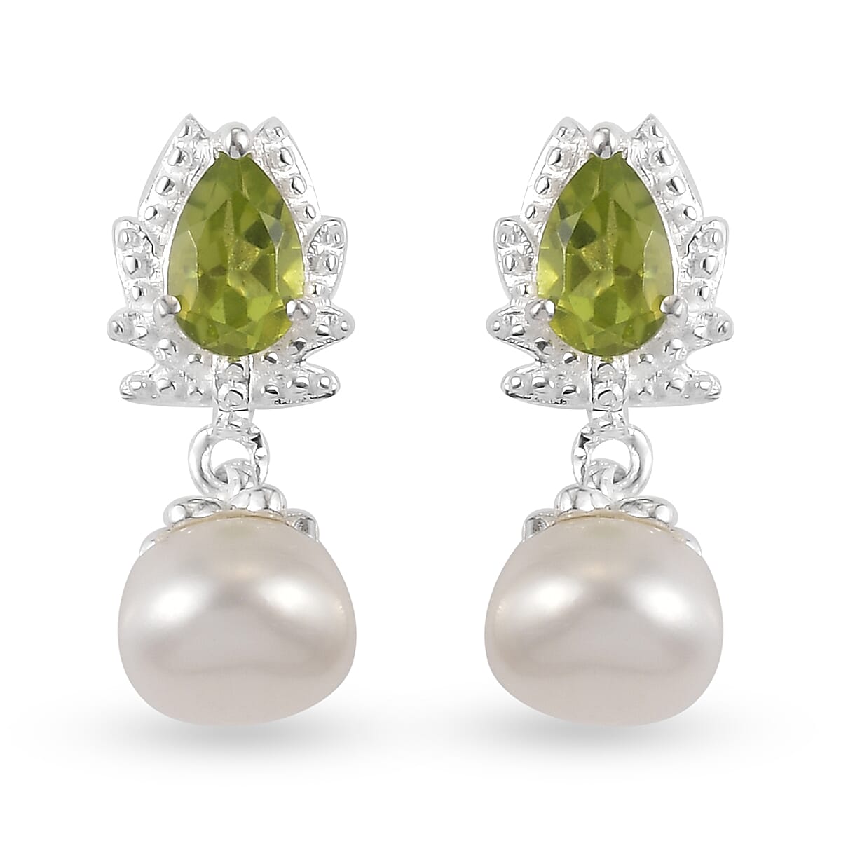 Freshwater Pearl and Natural Hebei Peridot Dangle Earrings (with Push Back) in Sterling Silver