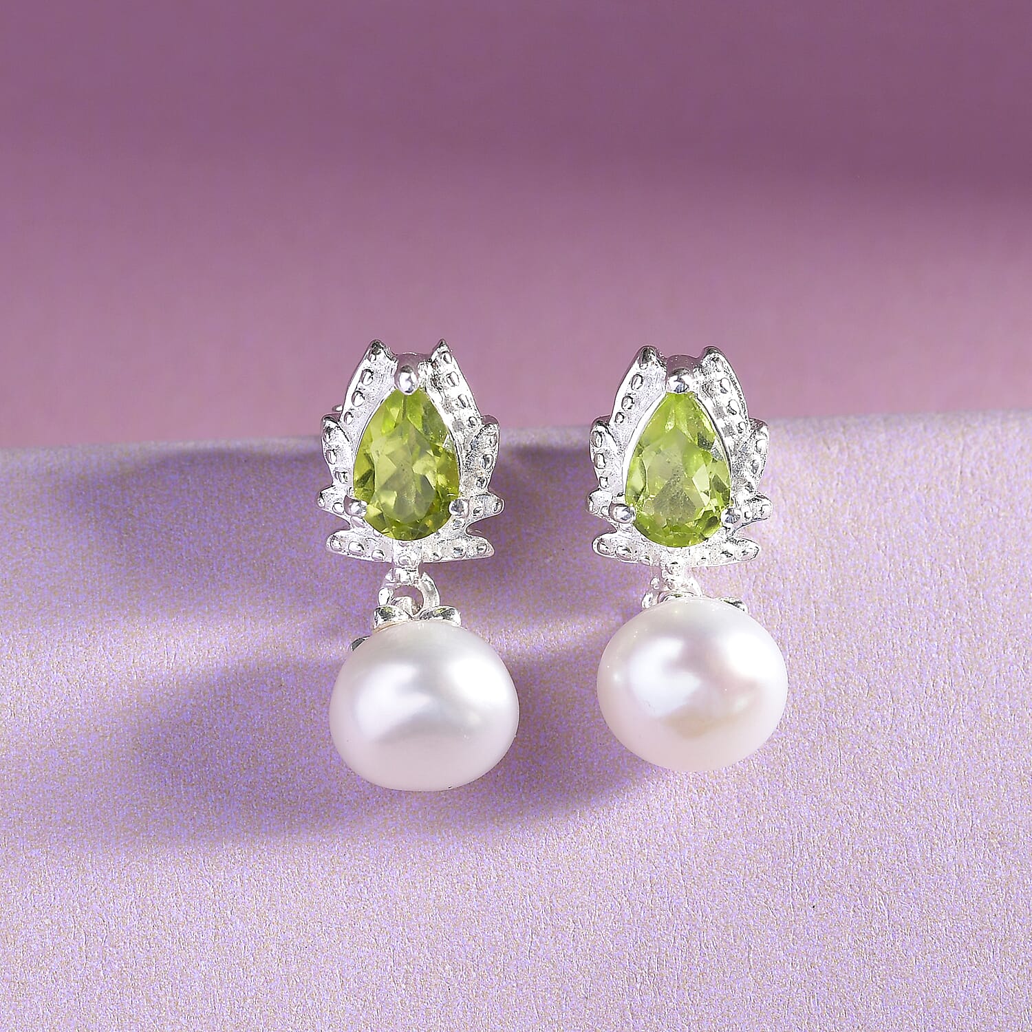 Freshwater Pearl and Natural Hebei Peridot Dangle Earrings (with Push Back) in Sterling Silver