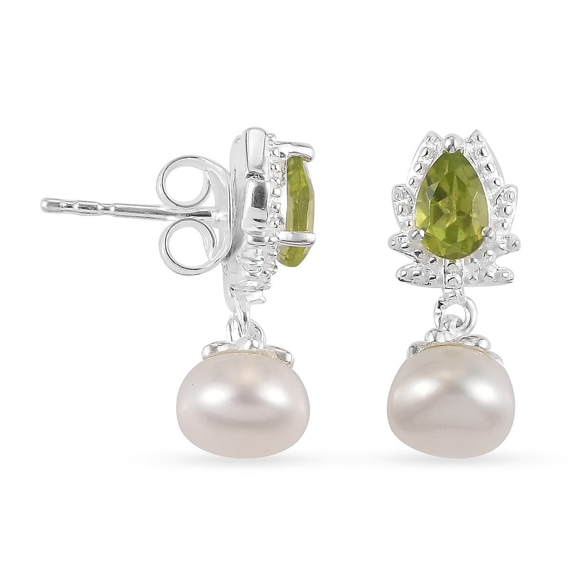 Freshwater Pearl and Natural Hebei Peridot Dangle Earrings (with Push Back) in Sterling Silver