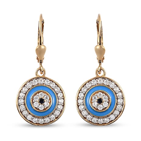 Blue Sapphire and Natural Cambodian Zircon Enamelled Dangling Earrings (with Lever Back) in 14K Gold Overlay Sterling Silver 1.06 Ct.