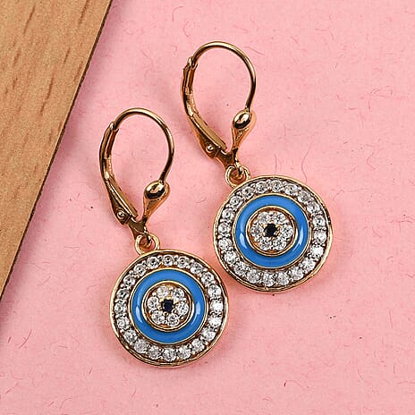 Blue Sapphire and Natural Cambodian Zircon Enamelled Dangling Earrings (with Lever Back) in 14K Gold Overlay Sterling Silver 1.06 Ct.