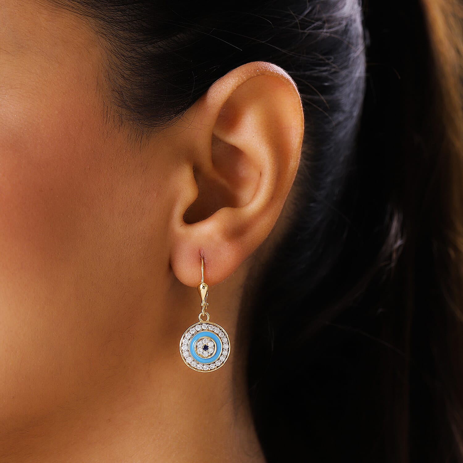 Blue Sapphire and Natural Cambodian Zircon Enamelled Dangling Earrings (with Lever Back) in 14K Gold Overlay Sterling Silver 1.06 Ct.