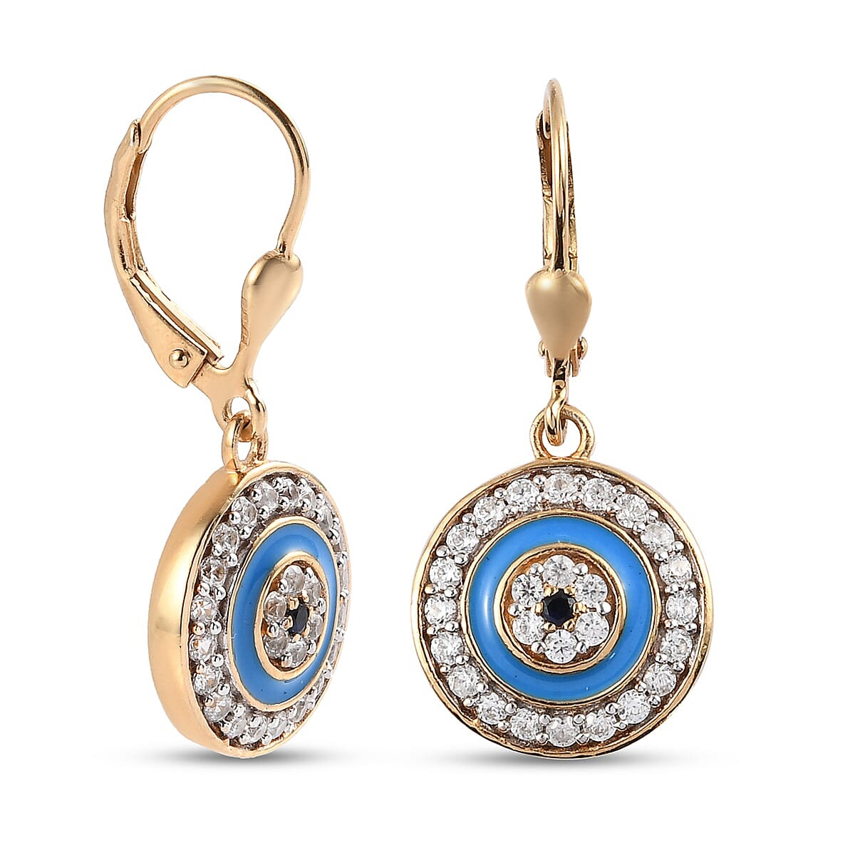 Blue Sapphire and Natural Cambodian Zircon Enamelled Dangling Earrings (with Lever Back) in 14K Gold Overlay Sterling Silver 1.06 Ct.