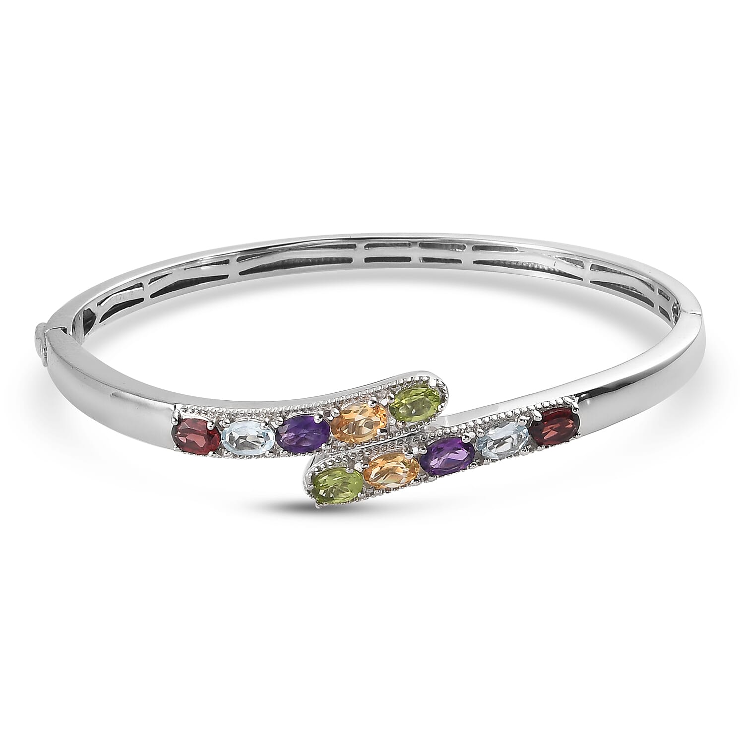 Designer Inspired - Red Garnet, Skyblue Topaz and Multi Gemstone Bypass Bangle (Size 7.5) 4.86 Ct