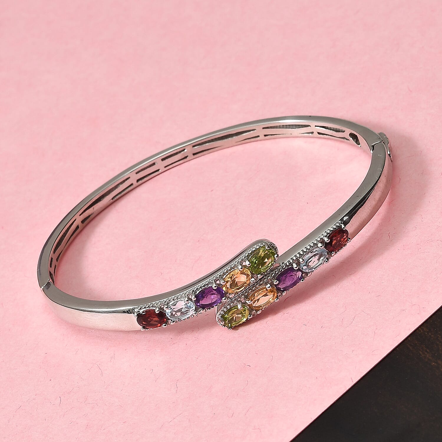 Designer Inspired - Red Garnet, Skyblue Topaz and Multi Gemstone Bypass Bangle (Size 7.5) 4.86 Ct