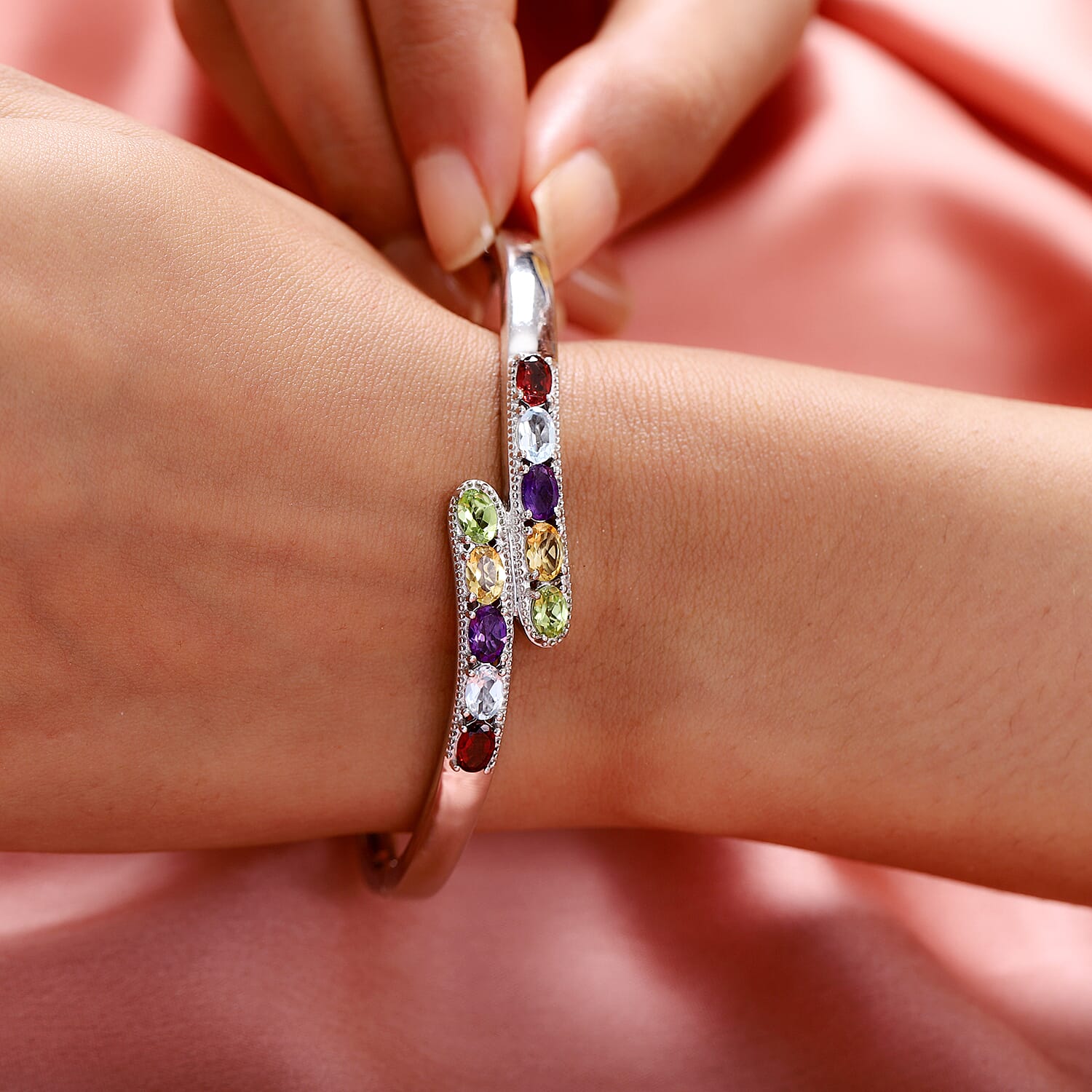 Designer Inspired - Red Garnet, Skyblue Topaz and Multi Gemstone Bypass Bangle (Size 7.5) 4.86 Ct