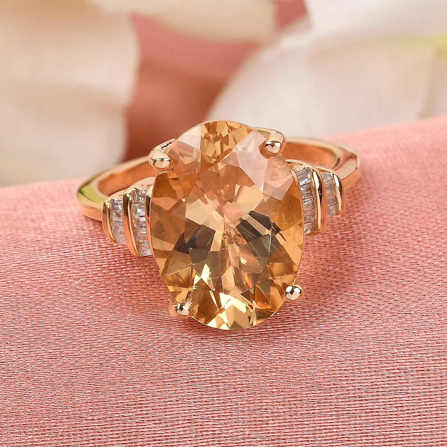 Yellow Labradorite and Diamond Ring in 14K Gold Overlay Sterling Silver 5.10 Ct.