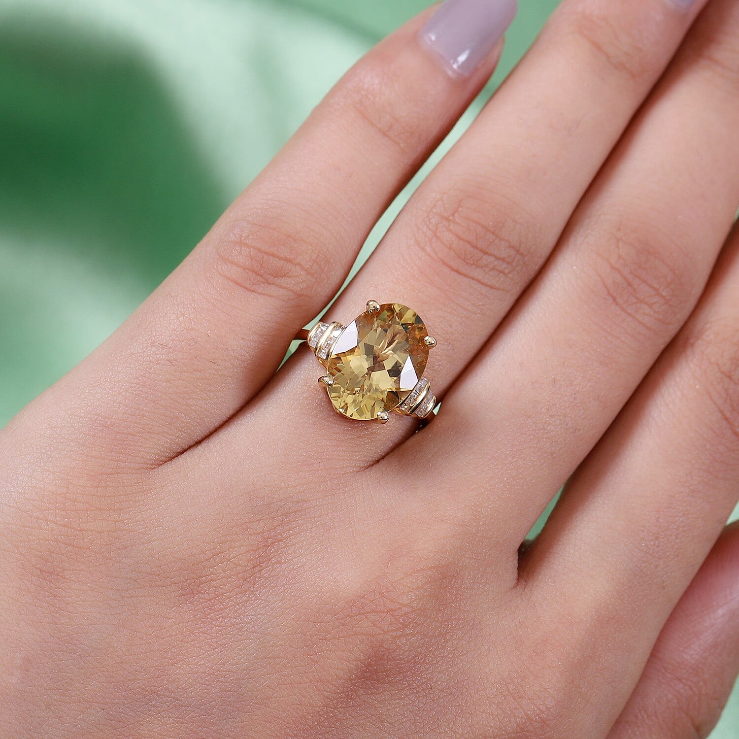 Yellow Labradorite and Diamond Ring in 14K Gold Overlay Sterling Silver 5.10 Ct.