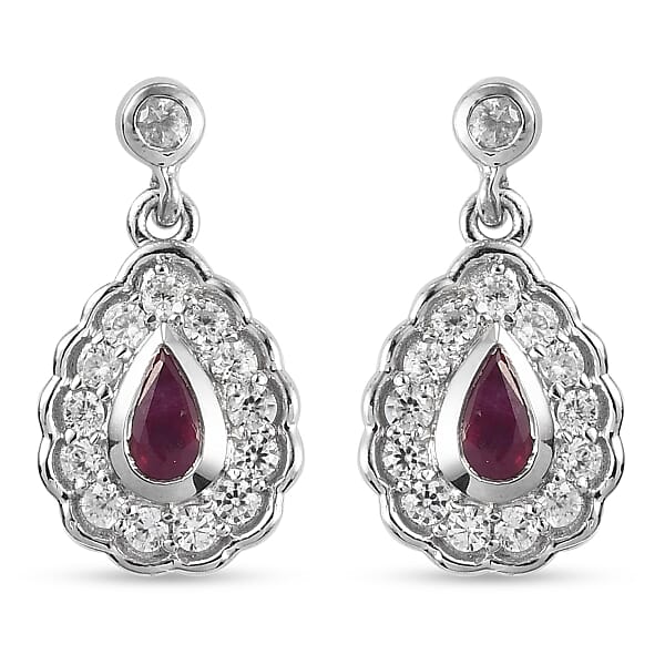 Ruby and Natural Cambodian Zircon Drop Earrings in Platinum Overlay ...