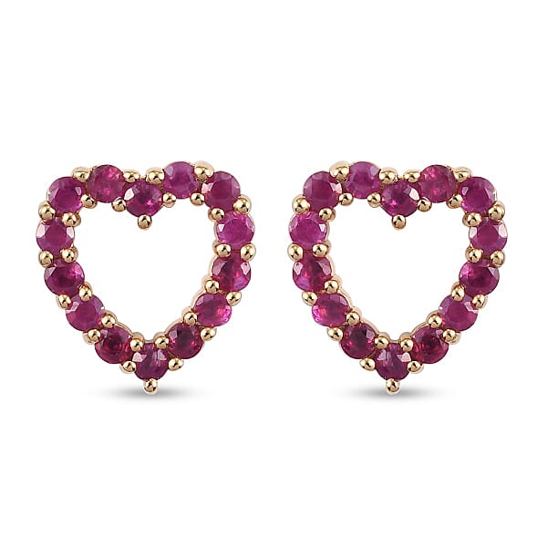 1.1 Ct. Ruby Heart Stud Earrings in Gold Plated Sterling Silver