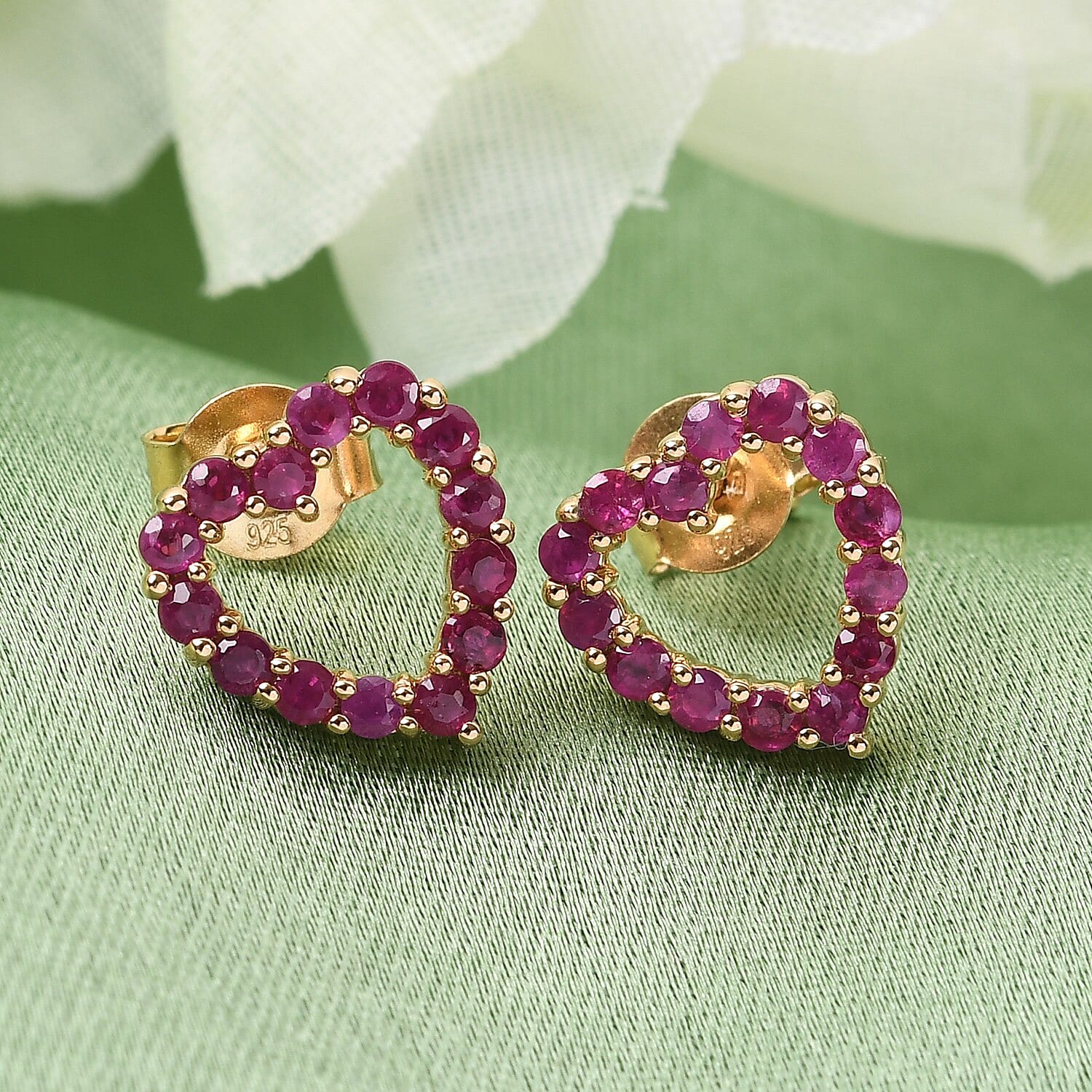 Ruby Heart Stud Earrings (with Push Back) in 14K Gold Overlay Sterling Silver 1.00 Ct.