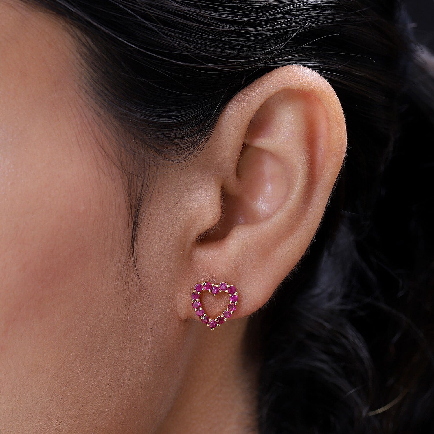 Ruby Heart Stud Earrings (with Push Back) in 14K Gold Overlay Sterling Silver 1.00 Ct.