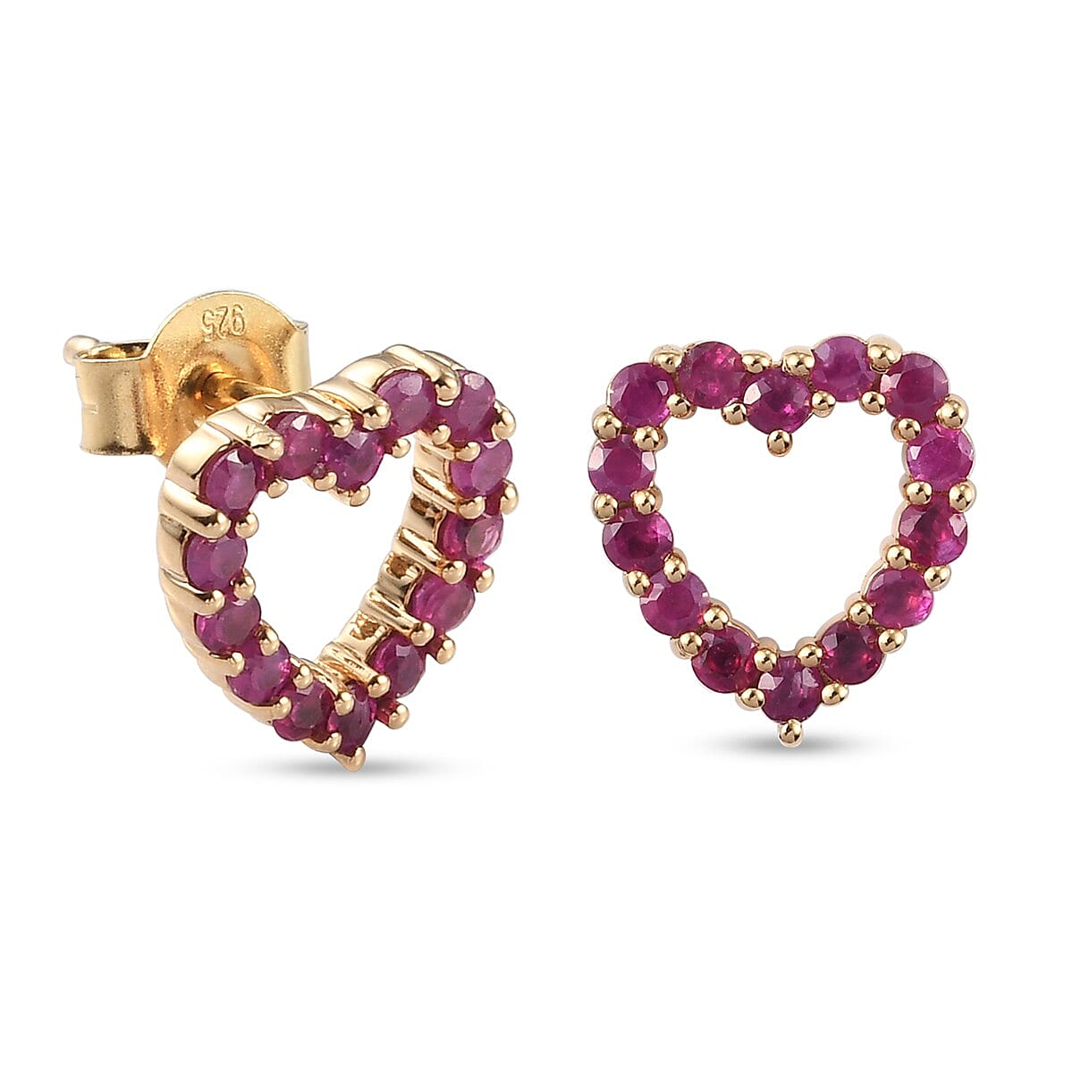 Ruby Heart Stud Earrings (with Push Back) in 14K Gold Overlay Sterling Silver 1.00 Ct.