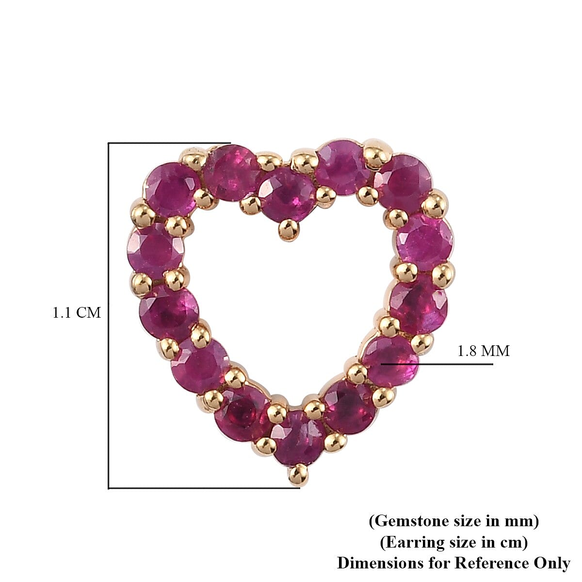 Ruby Heart Stud Earrings (with Push Back) in 14K Gold Overlay Sterling Silver 1.00 Ct.