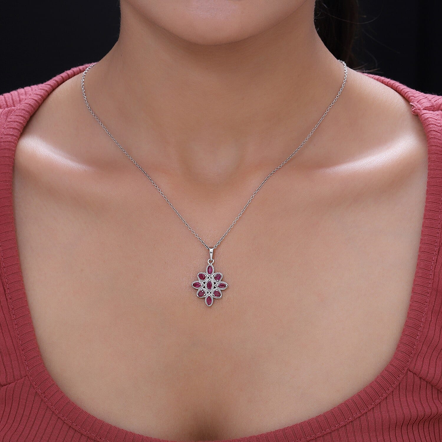 Ruby Cluster Pendant in Platinum Overlay Sterling Silver 1.73 Ct.