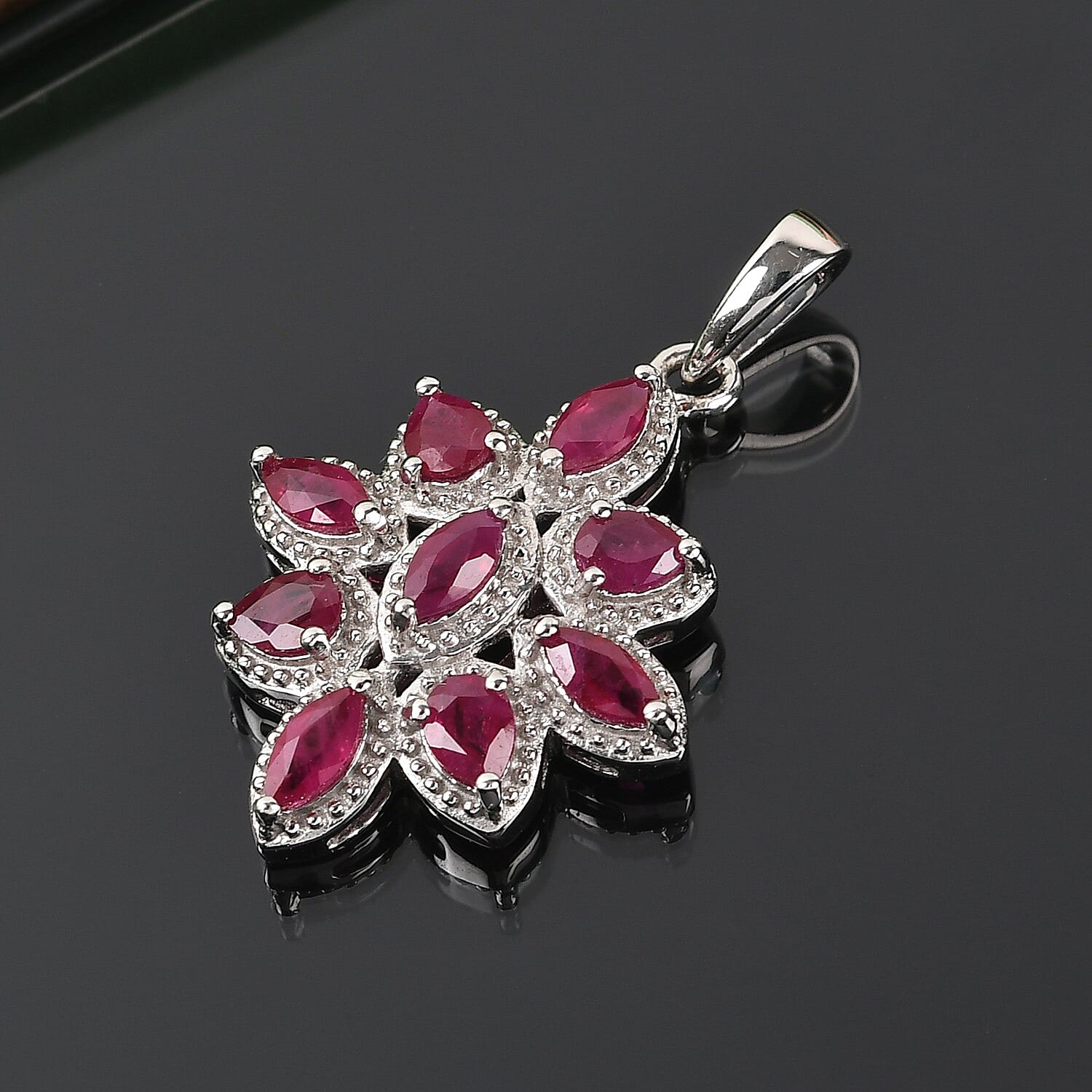 Ruby Cluster Pendant in Platinum Overlay Sterling Silver 1.73 Ct.