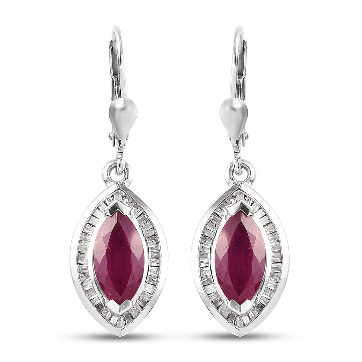 African Ruby (FF) and Diamond Lever Back Earrings in Platinum Overlay Sterling Silver 3.41 Ct.