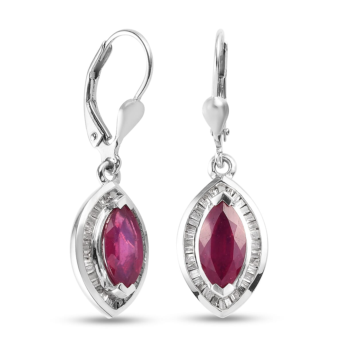 African Ruby (FF) and Diamond Lever Back Earrings in Platinum Overlay Sterling Silver 3.41 Ct.