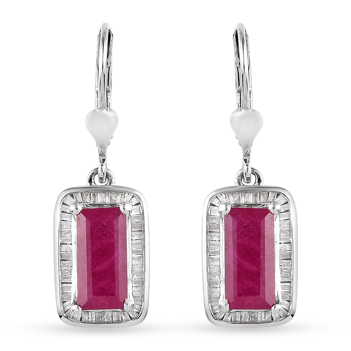 African Ruby (FF) and Diamond Lever Back Earrings in Platinum Overlay Sterling Silver 4.85 Ct.