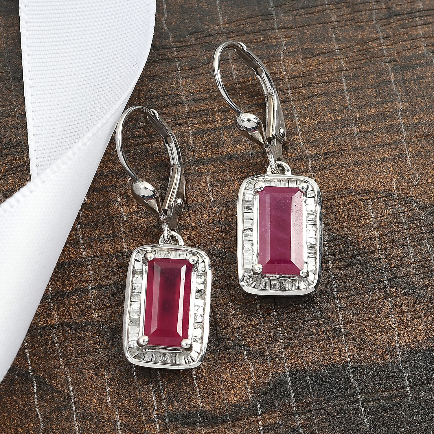 African Ruby (FF) and Diamond Lever Back Earrings in Platinum Overlay Sterling Silver 4.85 Ct.