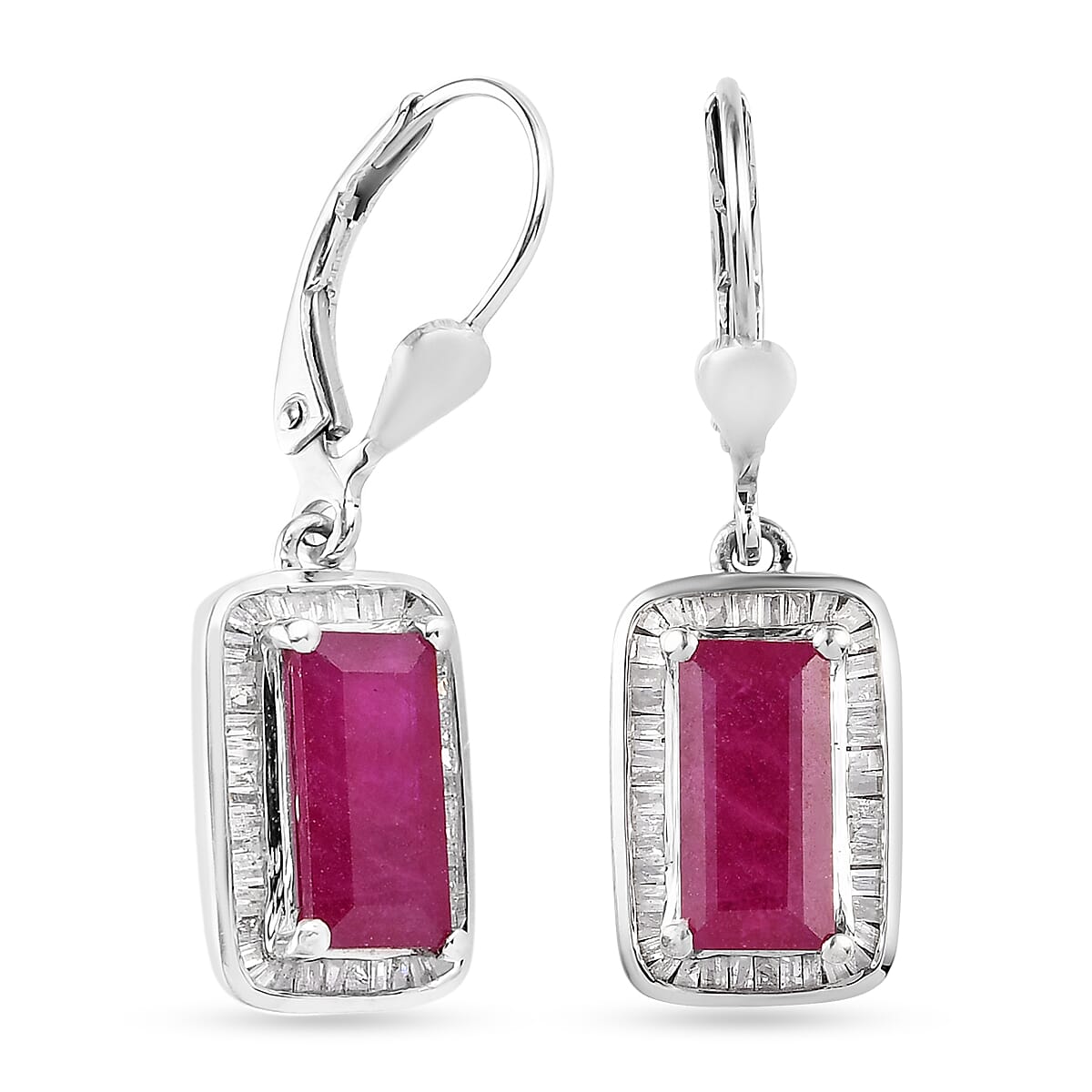 African Ruby (FF) and Diamond Lever Back Earrings in Platinum Overlay Sterling Silver 4.85 Ct.