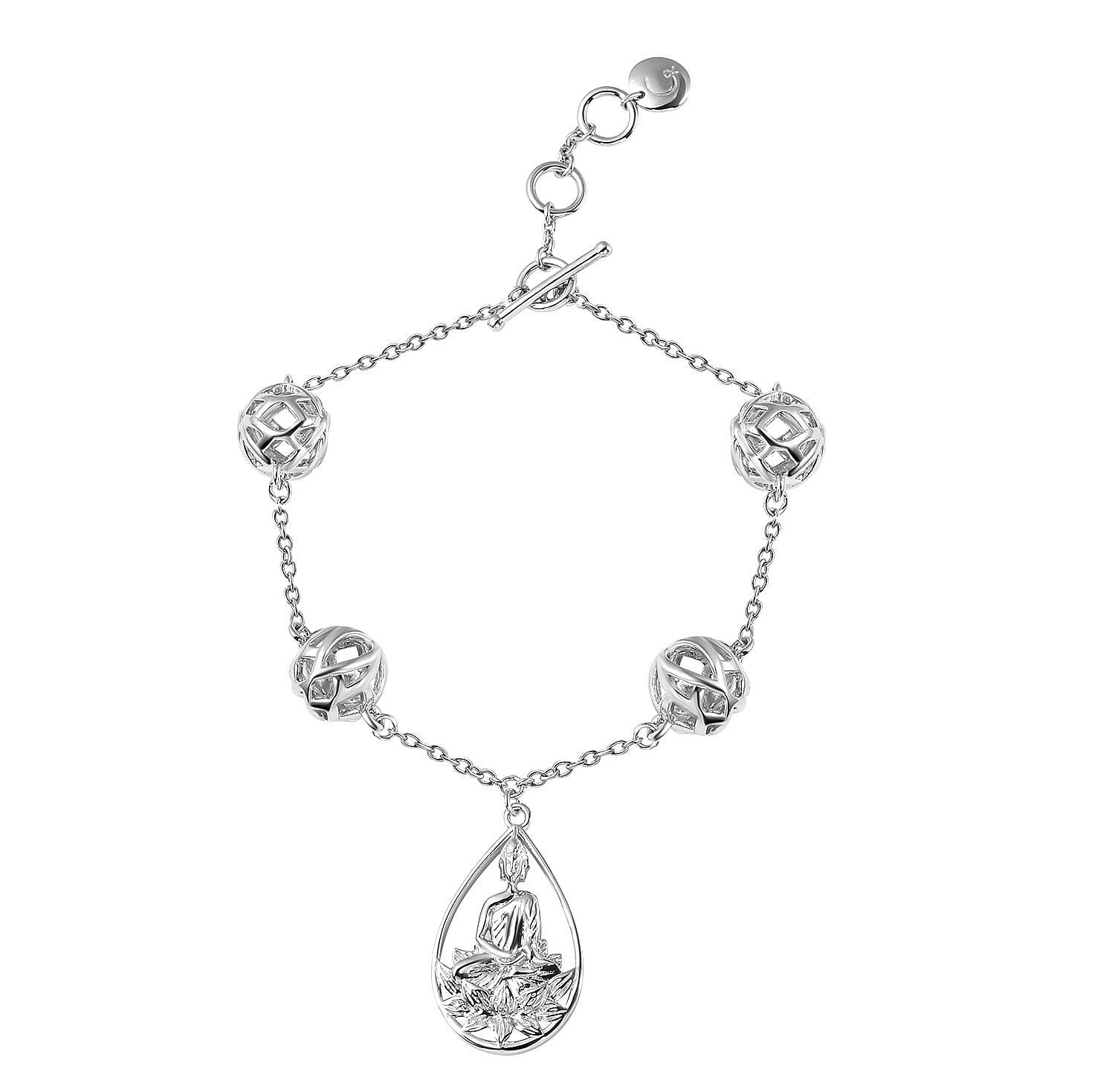 RACHEL GALLEY Buddha Collection - Rhodium Overlay Sterling Silver Buddha Bracelet (with T Bar Lock) (Size 8)