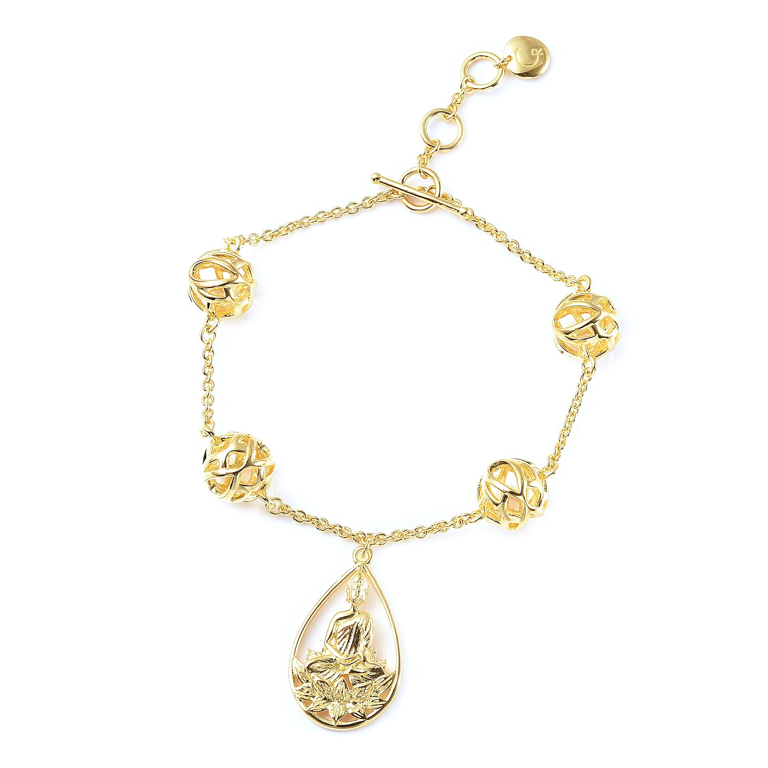 RACHEL GALLEY Buddha Collection- Yellow Gold Overlay Sterling Silver Buddha Bracelet (with T Bar Lock) (Size 8), Silver Wt. 12.62 Gms