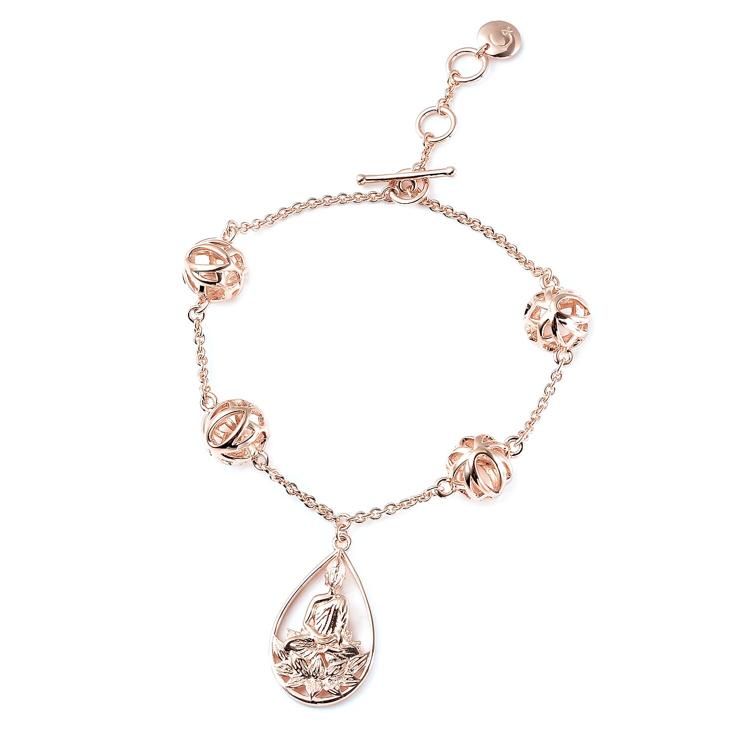 RACHEL GALLEY Buddha Collection- Rose Gold Overlay Sterling Silver Buddha Bracelet (with T Bar Lock) (Size 8), Silver Wt. 12.53 Gms